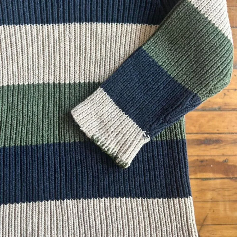 The Children's Place Boys Ribbed Striped Crewneck Sweater Green Navy Cream XS 4